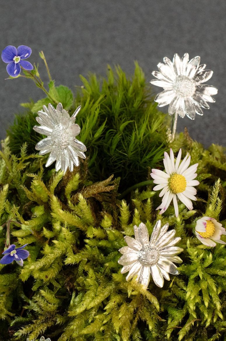 Sterling 925 silver daisy flower brooches arranged on a bed of green moss, set against a dark gray background. The scene includes visible forget-me-not and daisy flowers, enhancing the intricate design of the brooches with a natural, floral touch.