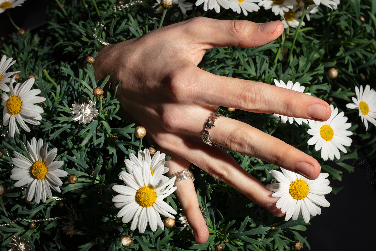 Close-up of a hand adorned with two sterling 925 silver rings, one engraved with 'sub specie aeternitatis' and the other with 'less is more,' placed among white daisy flowers. A sterling silver daisy pendant is also visible, set against dark foliage.