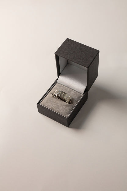 Sterling 925 silver ring engraved with 'more is more,' displayed in an open jewelry box with a gray velvet interior.